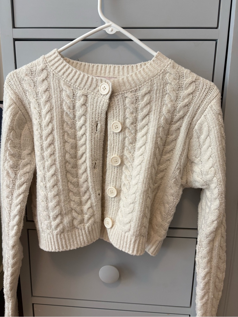 Chunky Cable Crewneck Button Cardigan - Cream